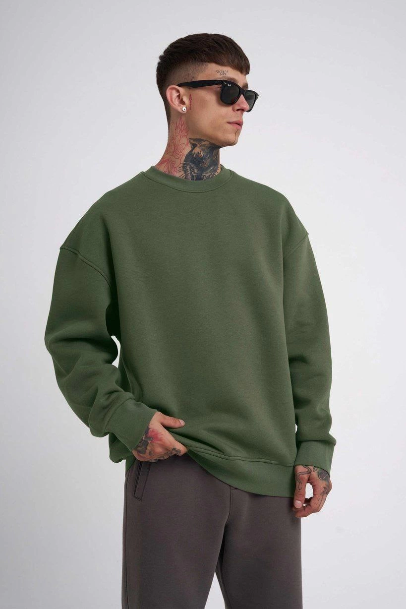 Biskilet Yaka Üç İplik SweatShirt - Haki