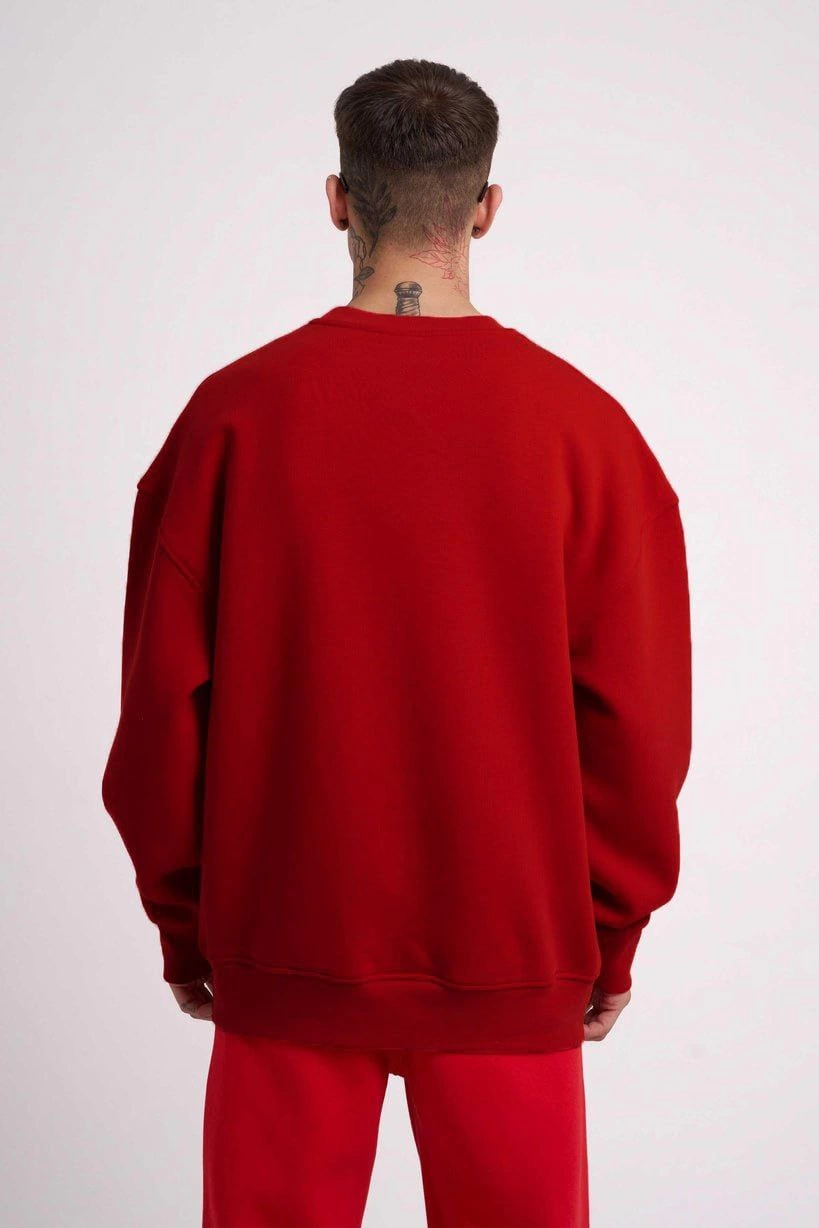 Biskilet Yaka Üç İplik SweatShirt - Kırmızı