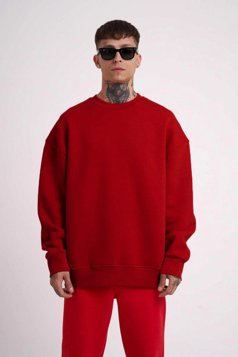 Biskilet Yaka Üç İplik SweatShirt - Kırmızı