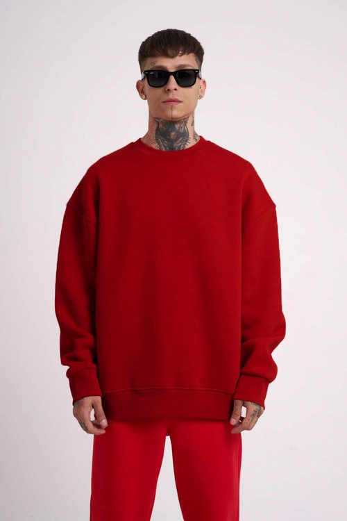 Biskilet Yaka Üç İplik SweatShirt - Kırmızı