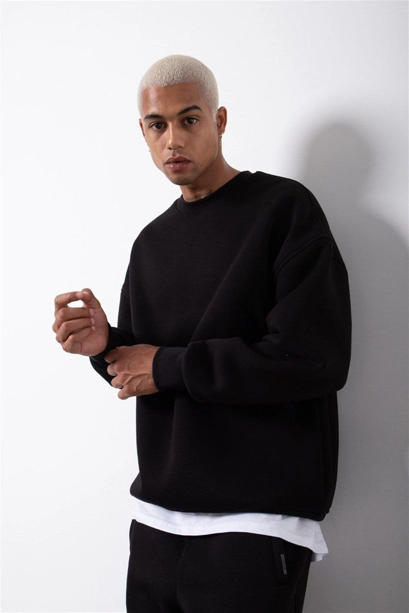 Biskilet Yaka Üç İplik SweatShirt - Siyah -