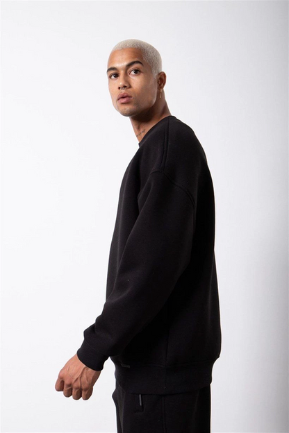 Biskilet Yaka Üç İplik SweatShirt - Siyah -