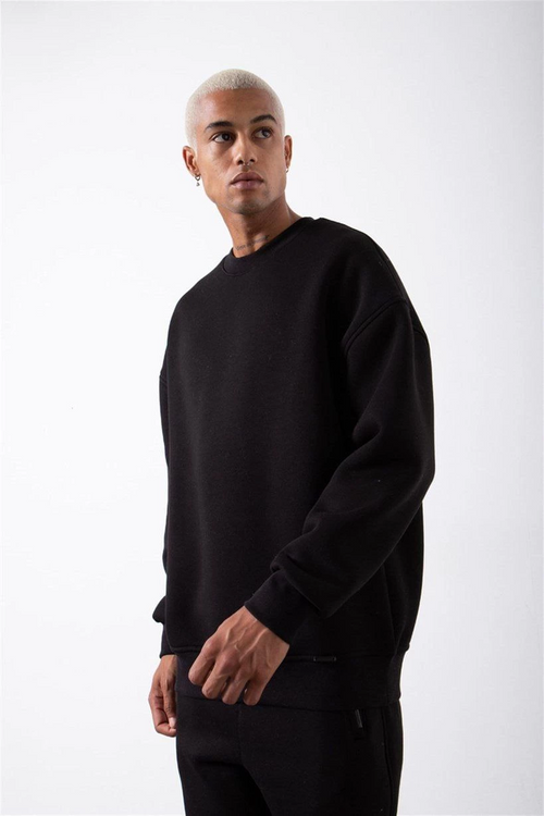 Biskilet Yaka Üç İplik SweatShirt - Siyah -