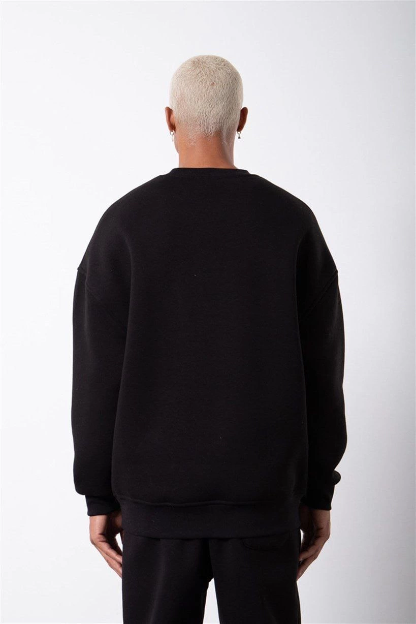 Biskilet Yaka Üç İplik SweatShirt - Siyah -
