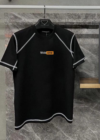 Dikişli Baskılı Oversize T-Shirt - Siyah -