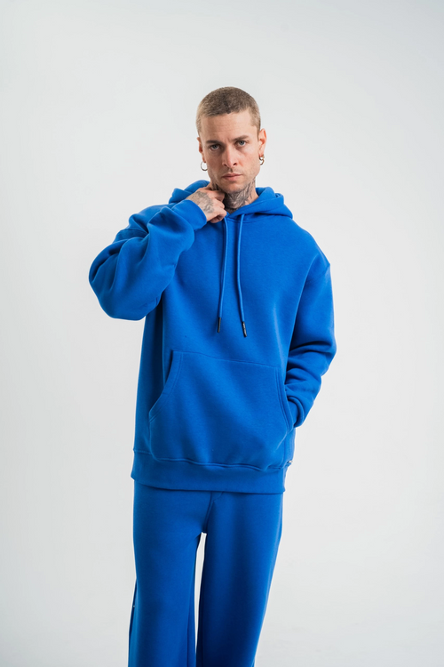 Double Oversize Kapşonlu Basic SweatShirt - Mavi -