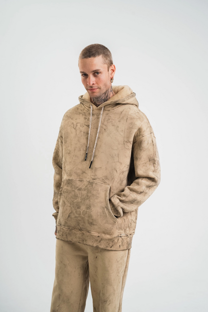 Double Oversize Kapşonlu Yıkamalı SweatShirt - Bej -