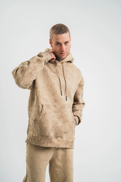 Double Oversize Kapşonlu Yıkamalı SweatShirt - Bej -
