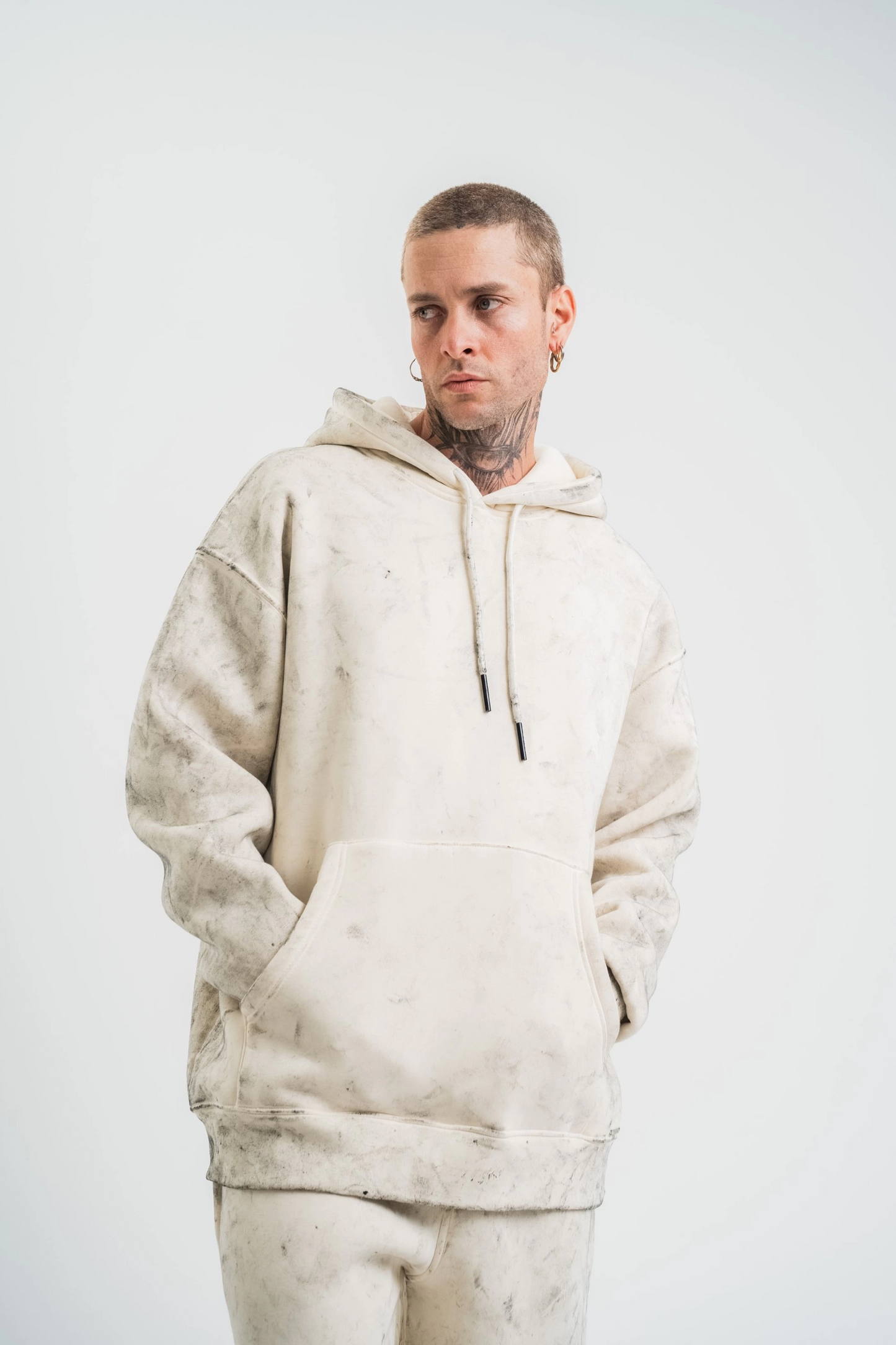 Double Oversize Kapşonlu Yıkamalı SweatShirt - Krem -