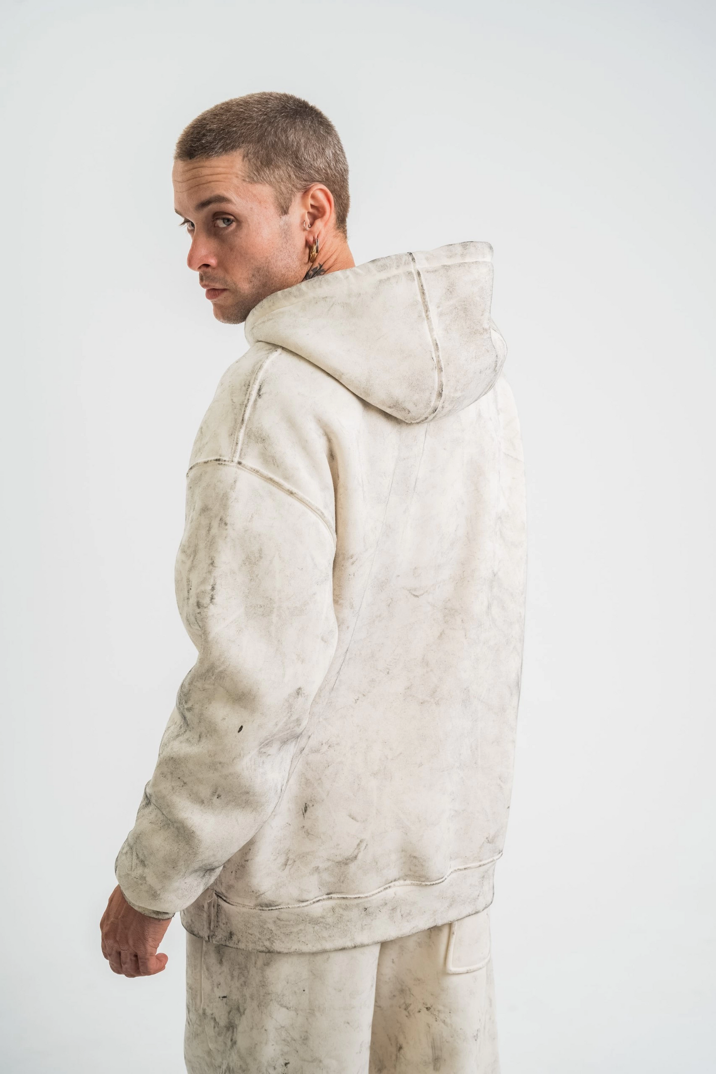 Double Oversize Kapşonlu Yıkamalı SweatShirt - Krem -
