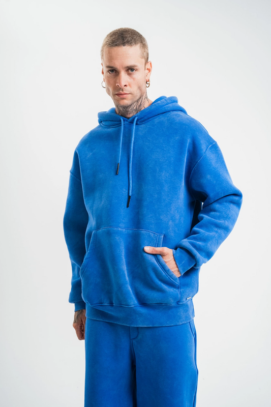 Double Oversize Kapşonlu Yıkamalı SweatShirt - Mavi -