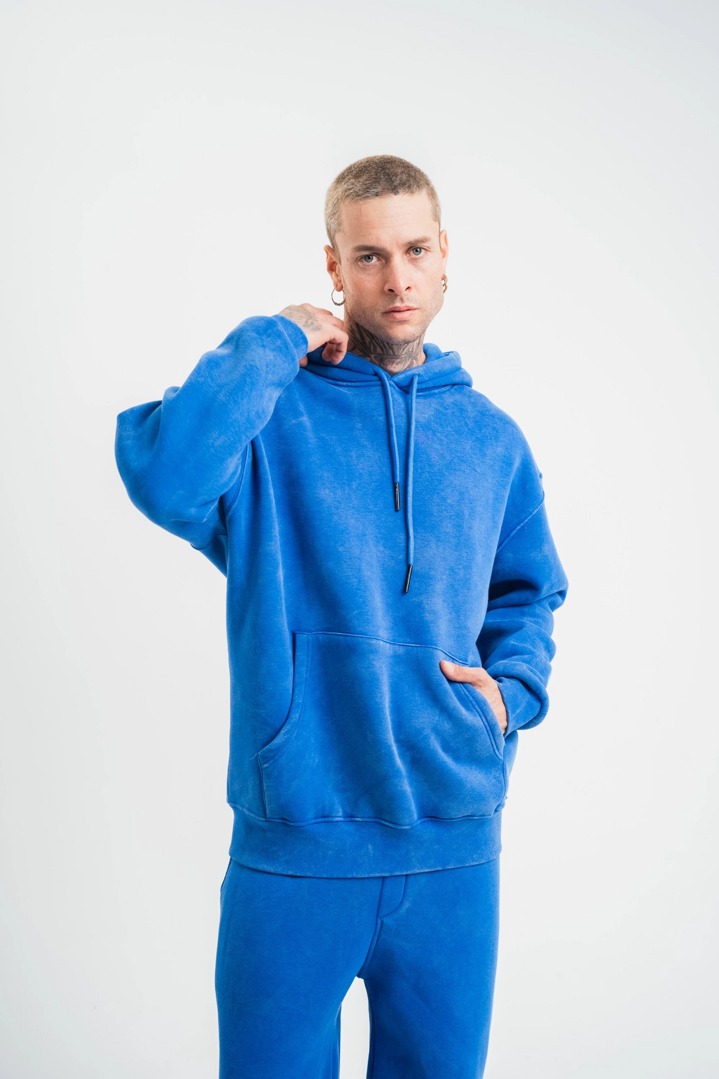 Double Oversize Kapşonlu Yıkamalı SweatShirt - Mavi -