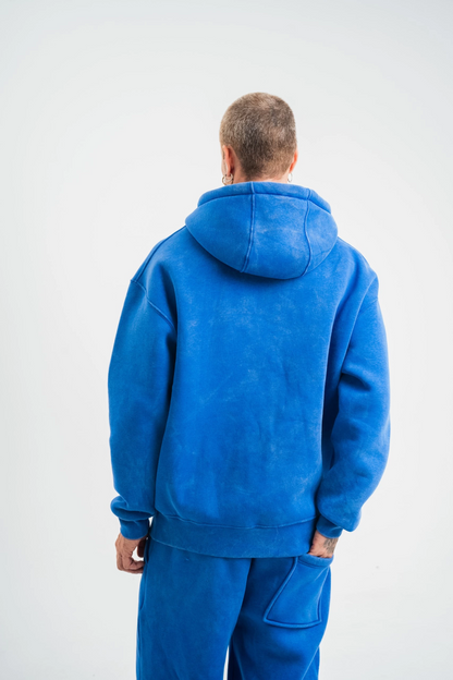 Double Oversize Kapşonlu Yıkamalı SweatShirt - Mavi -