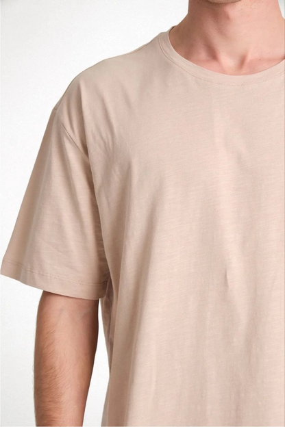 Düz Biskilet Yaka Oversize T-shirt - Bej -