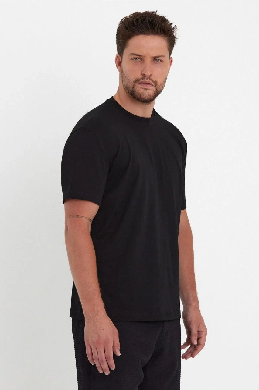 Düz Biskilet Yaka Oversize T-shirt - Siyah -