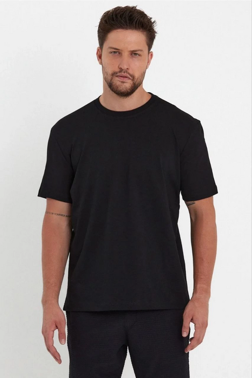 Düz Biskilet Yaka Oversize T-shirt - Siyah -