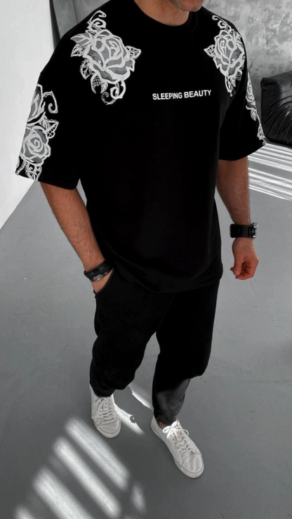 Flok Kabartma Baskılı T-Shirt - Siyah
