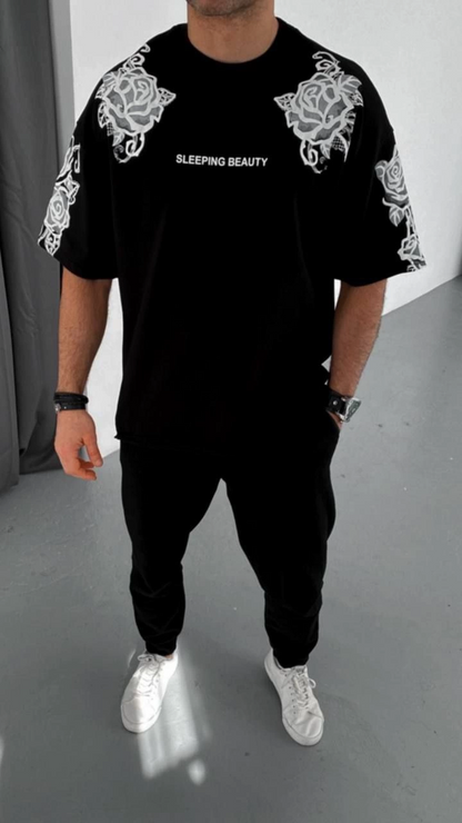 Flok Kabartma Baskılı T-Shirt - Siyah