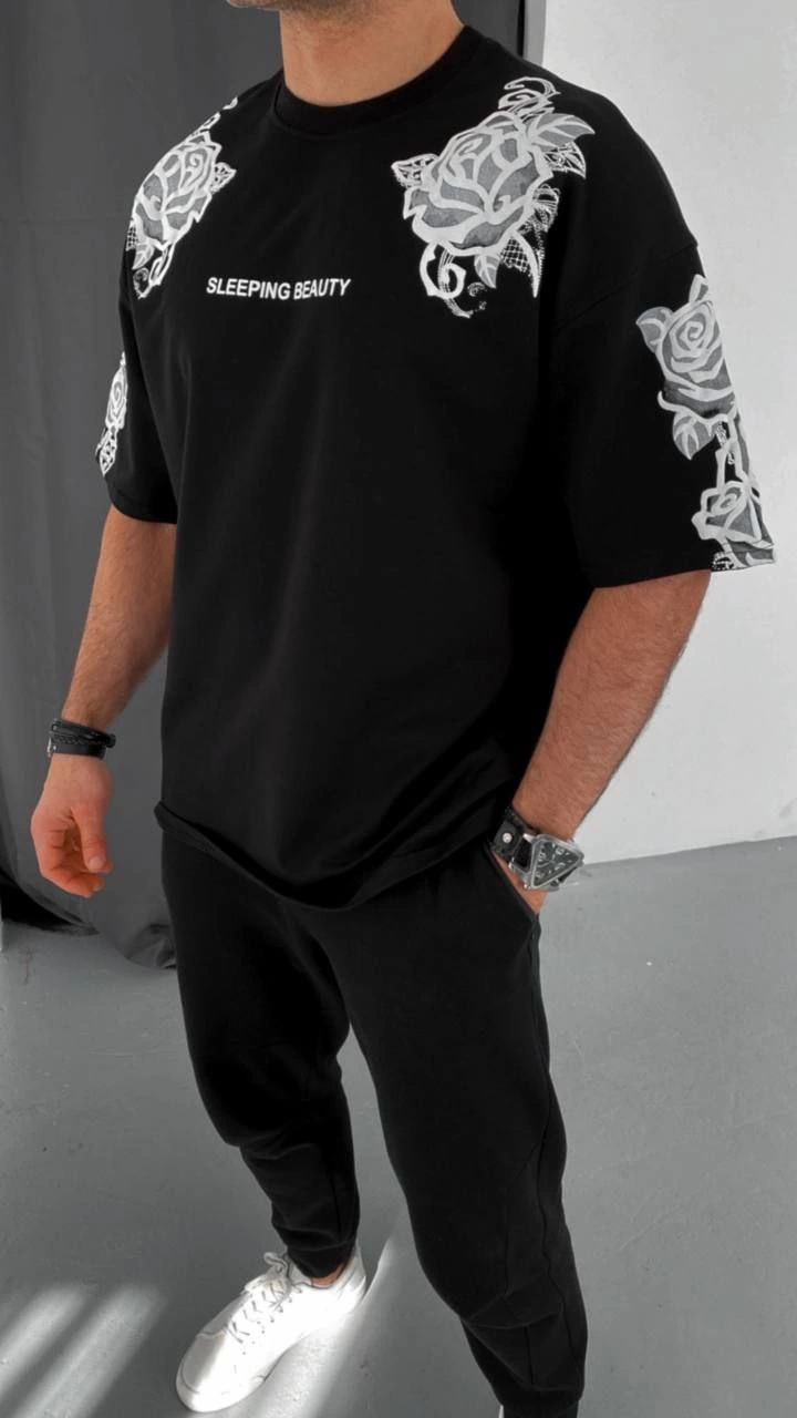 Flok Kabartma Baskılı T-Shirt - Siyah