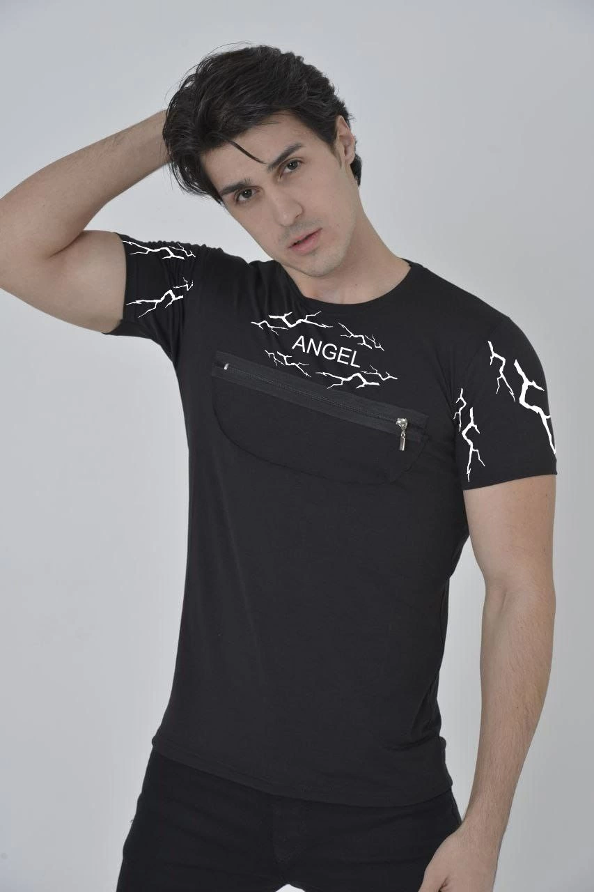 Göğüs Fermuarlı Baskılı T-Shirt - Siyah -