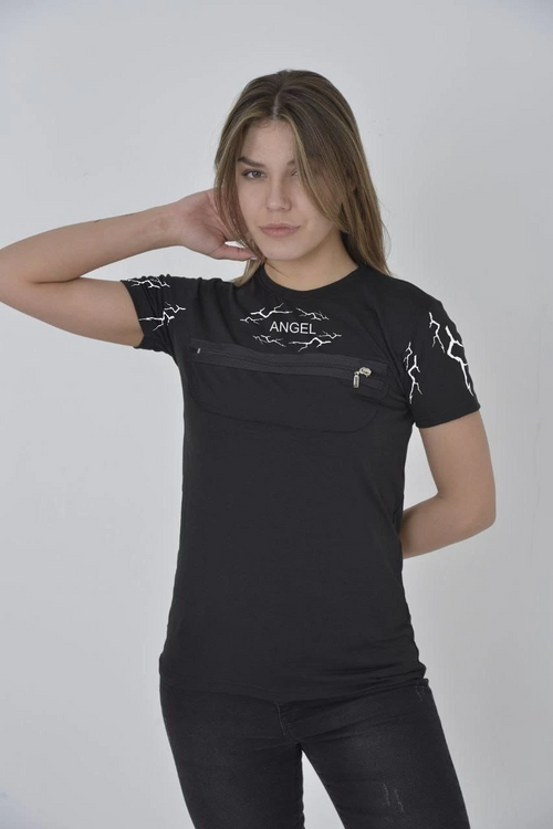Göğüs Fermuarlı Baskılı T-Shirt - Siyah -