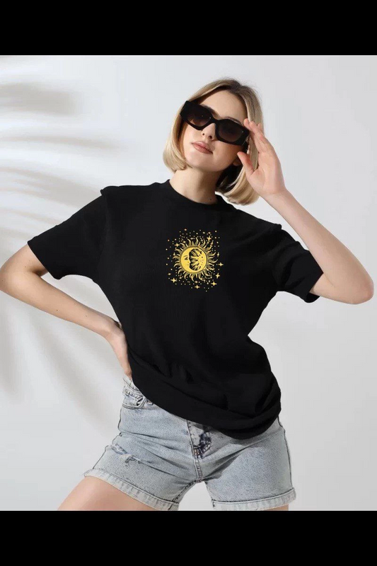 Bisiklet Yaka Baskılı T-Shirt - Siyah -