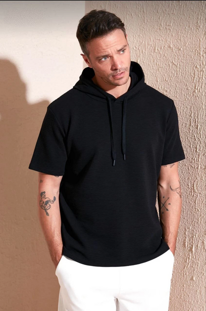 Kapşonlu Kısa Kol Düz Oversize T-shirt - Siyah -
