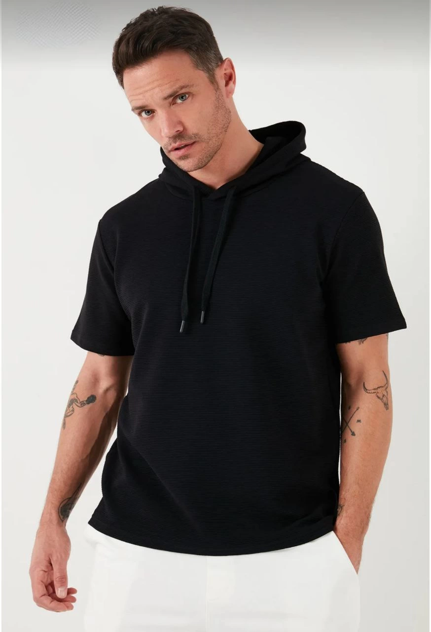 Kapşonlu Kısa Kol Düz Oversize T-shirt - Siyah -