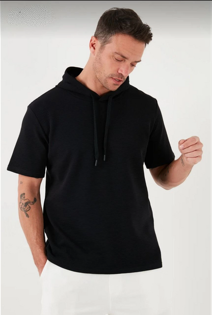 Kapşonlu Kısa Kol Düz Oversize T-shirt - Siyah -