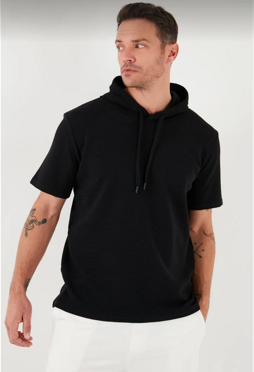 Kapşonlu Kısa Kol Düz Oversize T-shirt - Siyah -