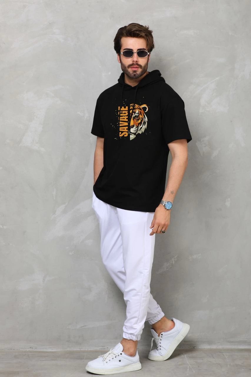 Kapşonlu Kısa Kol Oversize Baskılı T-Shirt - Siyah -