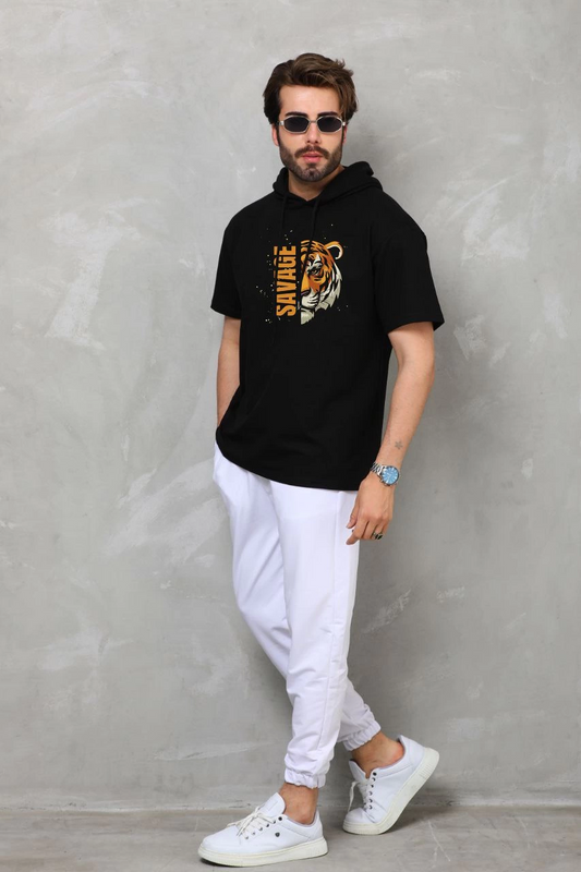 Kapşonlu Kısa Kol Oversize Baskılı T-Shirt - Siyah -