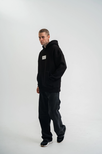 Kapşonlu Uzun Kol Patchli Nakışlı SweatShirt - Siyah
