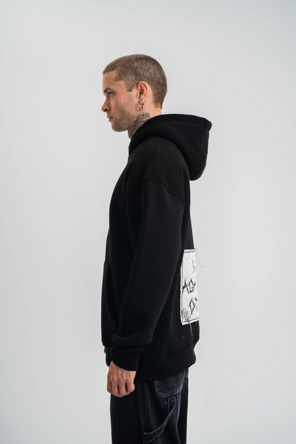 Kapşonlu Uzun Kol Patchli Nakışlı SweatShirt - Siyah