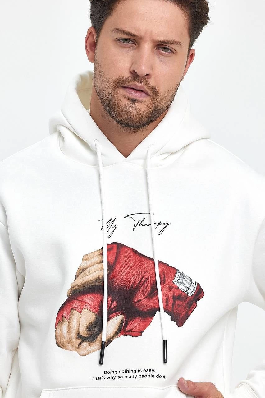 Kapüşonlu Üç İplik Oversize Baskılı Sweatshirt - Beyaz -