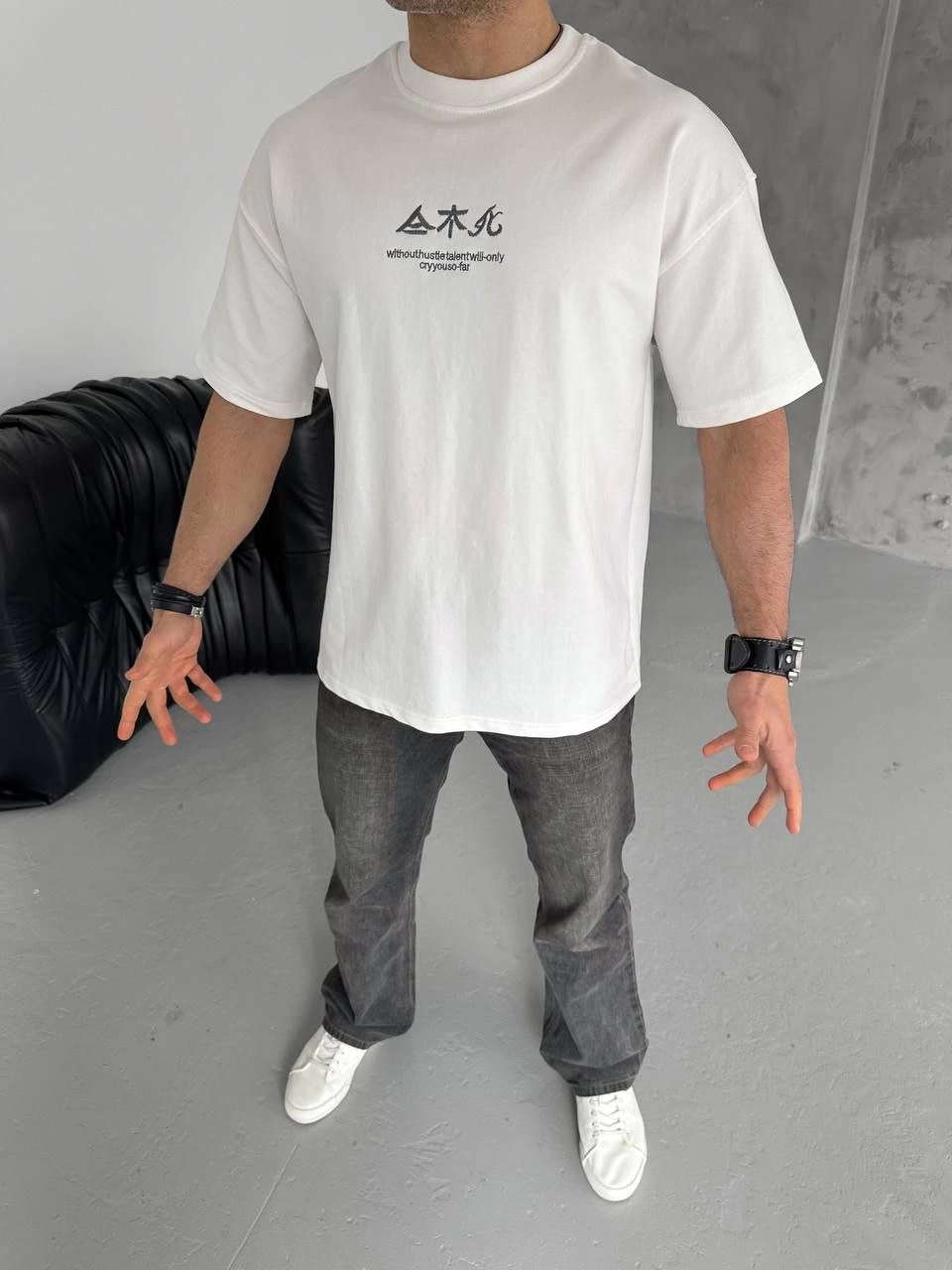 Erkek Bisiklet yaka Baskılı T-Shirt - Beyaz