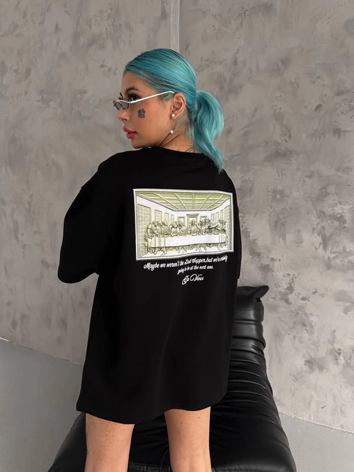 Baskılı Oversize T-Shirt - Siyah -