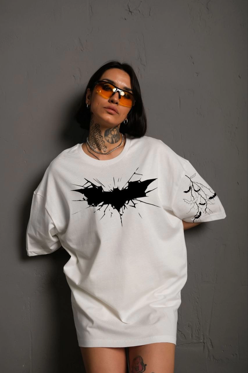 Ön ve Kol Baskılı Oversize T-shirt - Beyaz -