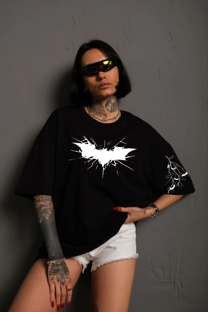 Ön ve Kol Baskılı Oversize T-shirt - Siyah -