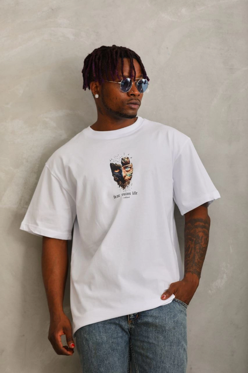 Oversize Baskılı Bisiklet Yaka T-Shirt - Beyaz -