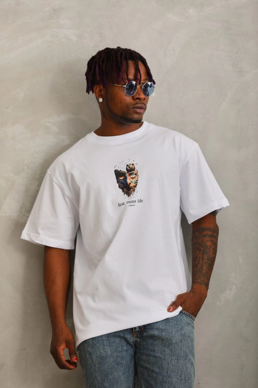 Oversize Baskılı Bisiklet Yaka T-Shirt - Beyaz -