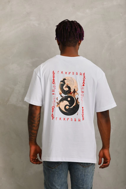 Oversize Baskılı Bisiklet Yaka T-Shirt - Beyaz -