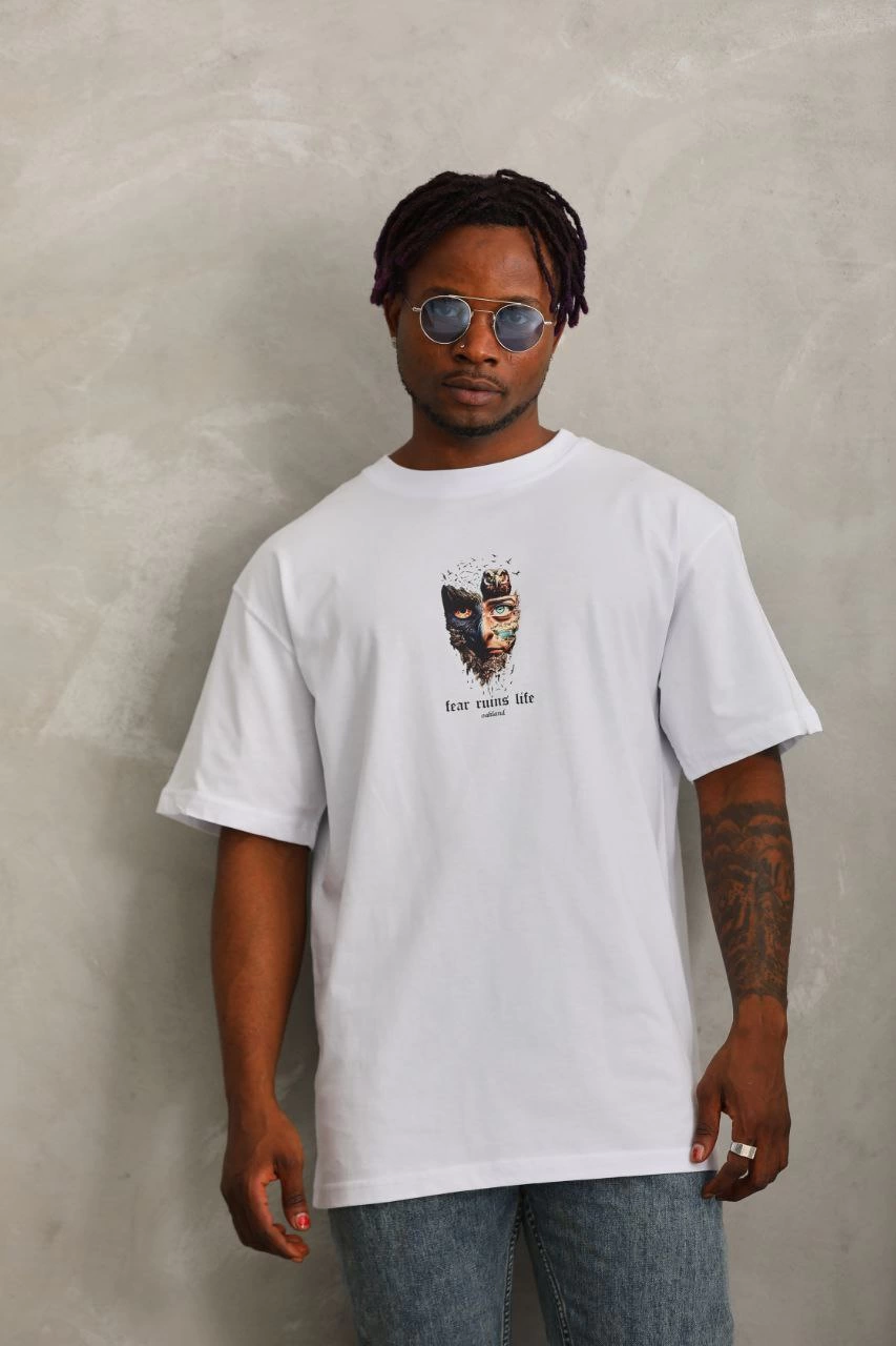Oversize Baskılı Bisiklet Yaka T-Shirt - Beyaz -