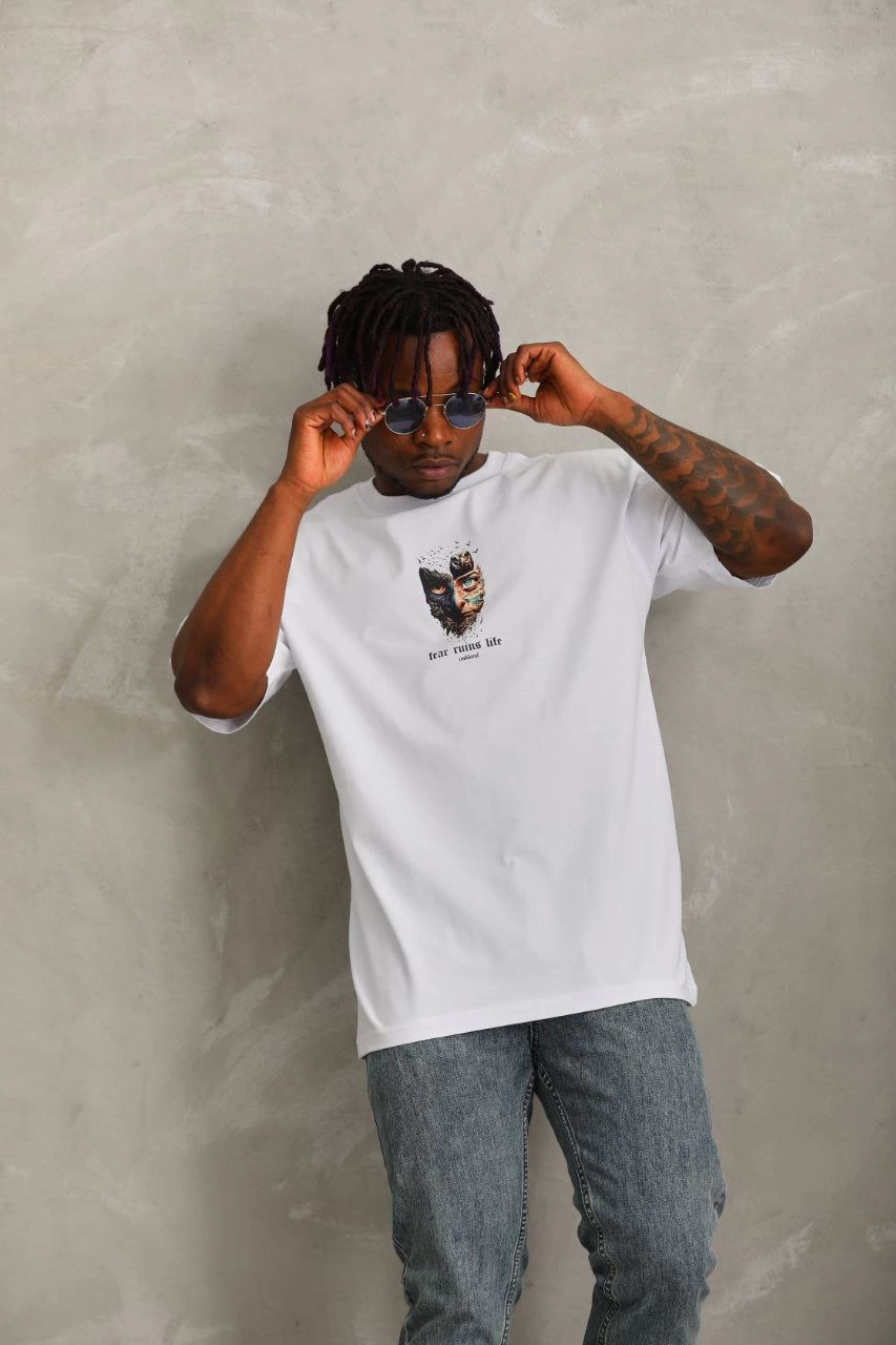Oversize Baskılı Bisiklet Yaka T-Shirt - Beyaz -