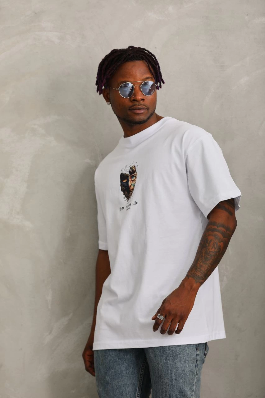 Oversize Baskılı Bisiklet Yaka T-Shirt - Beyaz -