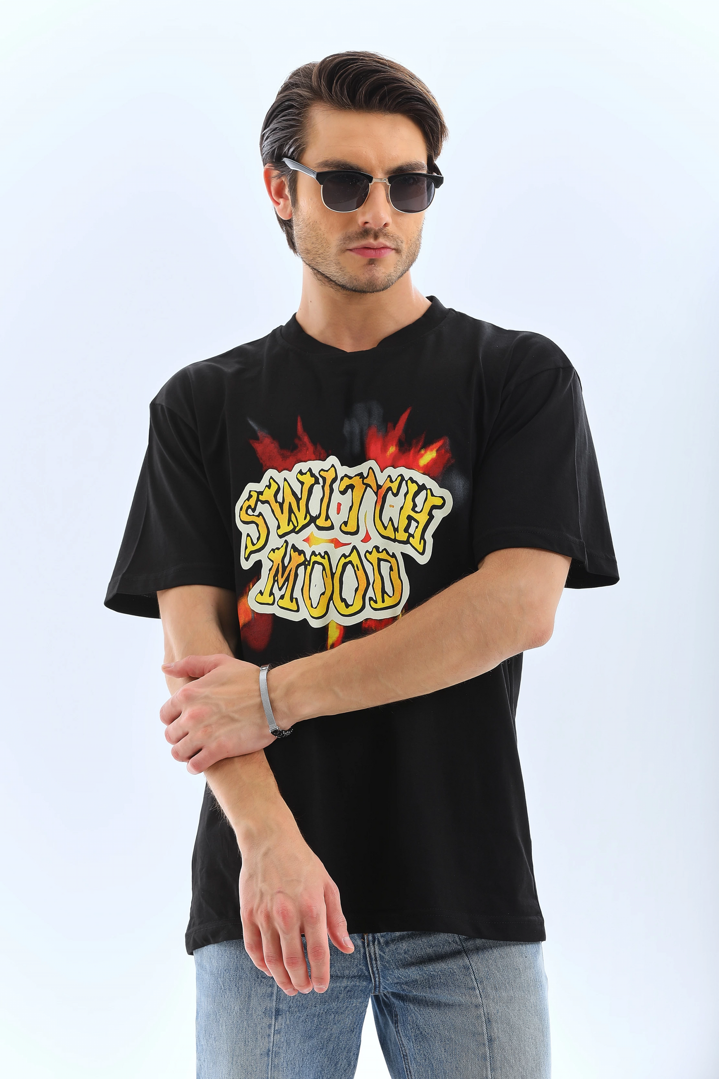 Oversize Baskılı Bisiklet Yaka T-Shirt - Siyah -
