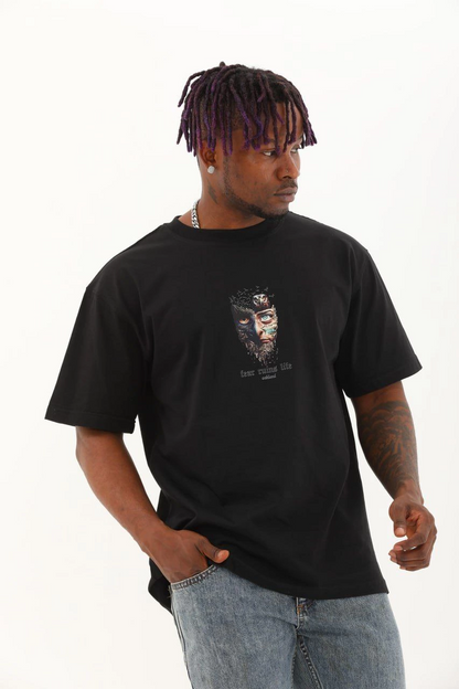 Oversize Baskılı Bisiklet Yaka T-Shirt - Siyah -