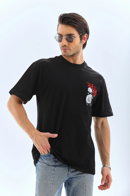 Oversize Baskılı Bisiklet Yaka T-Shirt - Siyah -