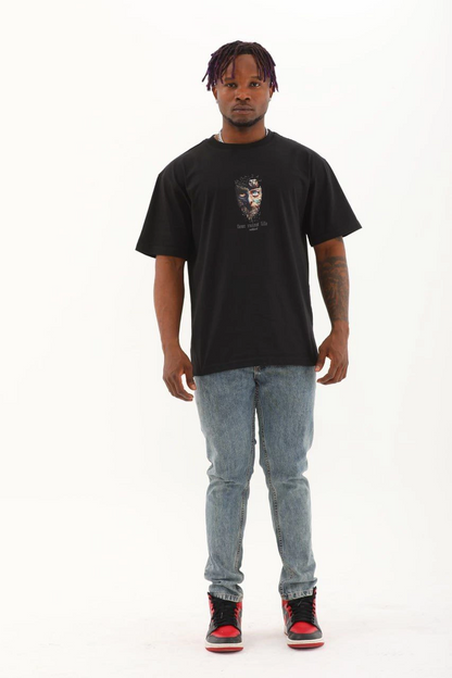 Oversize Baskılı Bisiklet Yaka T-Shirt - Siyah -