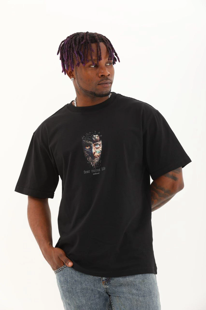 Oversize Baskılı Bisiklet Yaka T-Shirt - Siyah -
